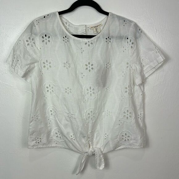 Christian Siriano Boho White Linen Blend Eyelet Embroidery Top Blouse Size L - Picture 2 of 7